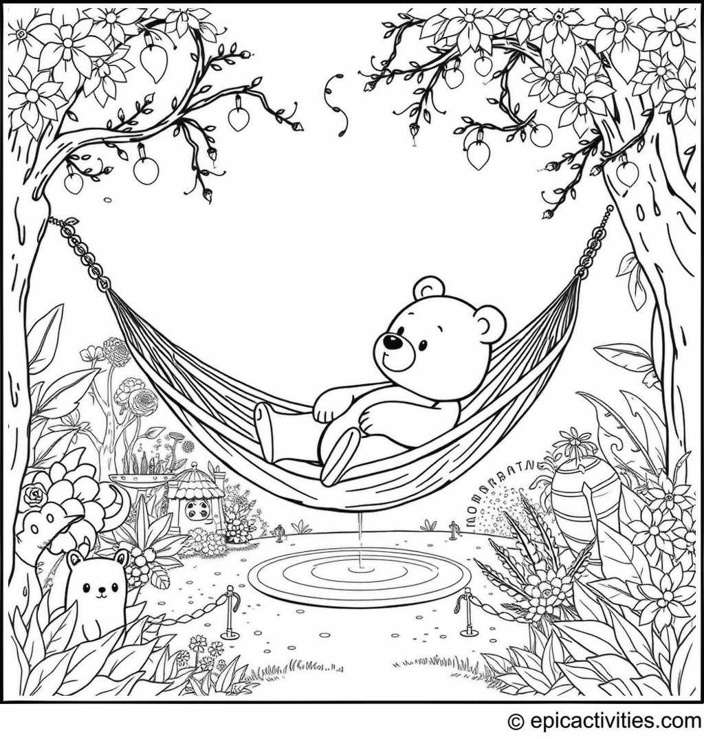 Coloring page of a Cute Bear Relaxing in a Hammock in a Magical Garden