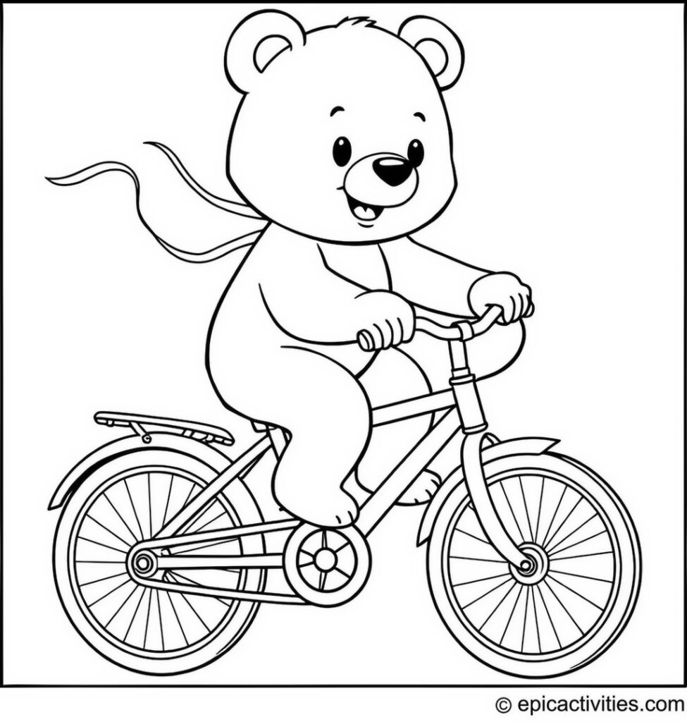 Coloring page of a Cute Bear Riding a Bicycle with Streamers