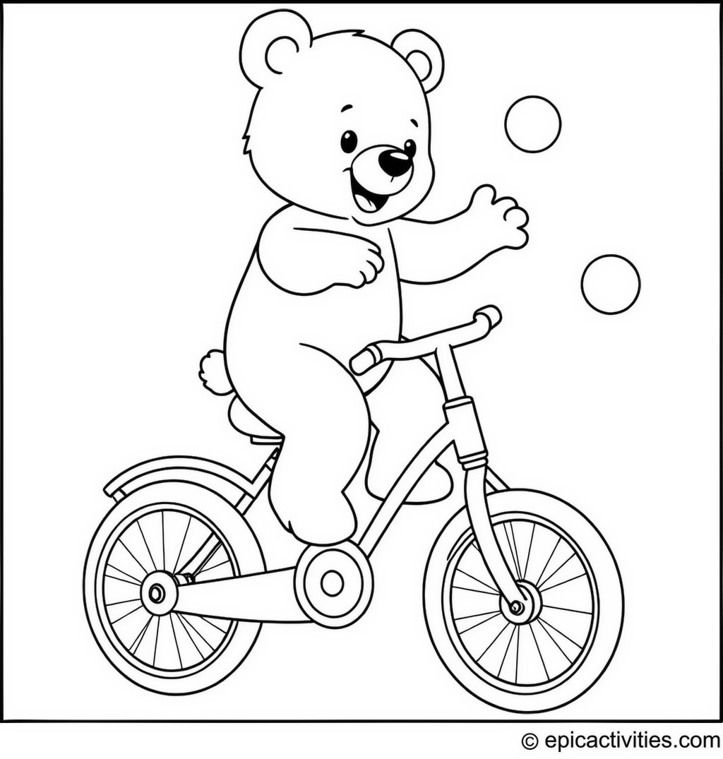 Coloring page of a Cute Bear Riding a Unicycle and Juggling Colorful Balls