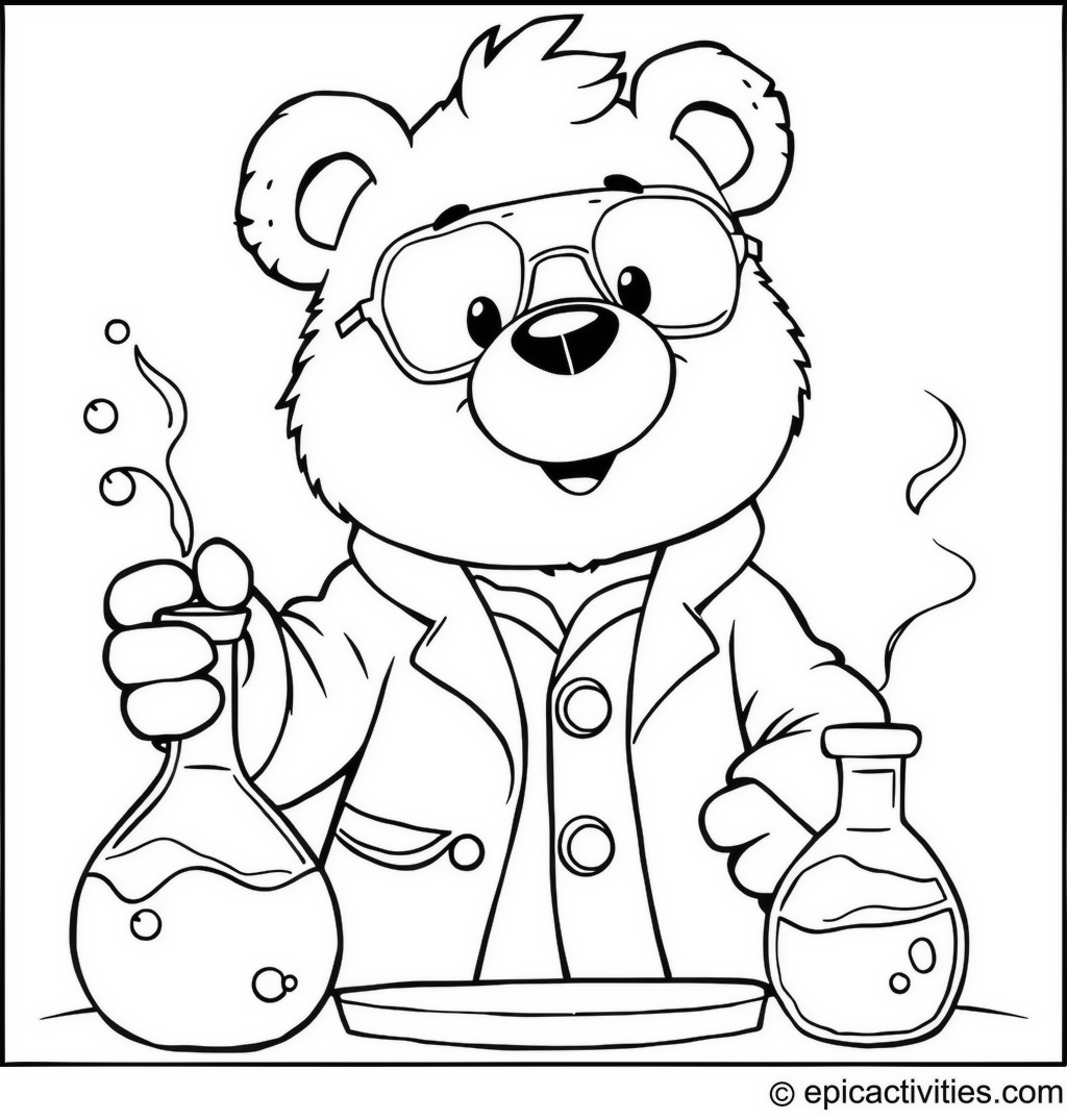 Coloring page of a Cute Bear Scientist Conducting Experiments