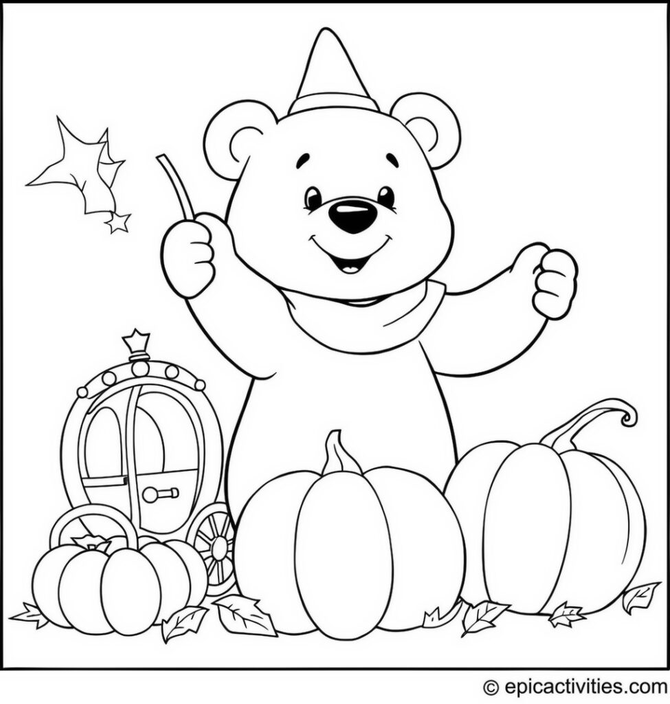 Coloring page of a cute bear with a magic wand