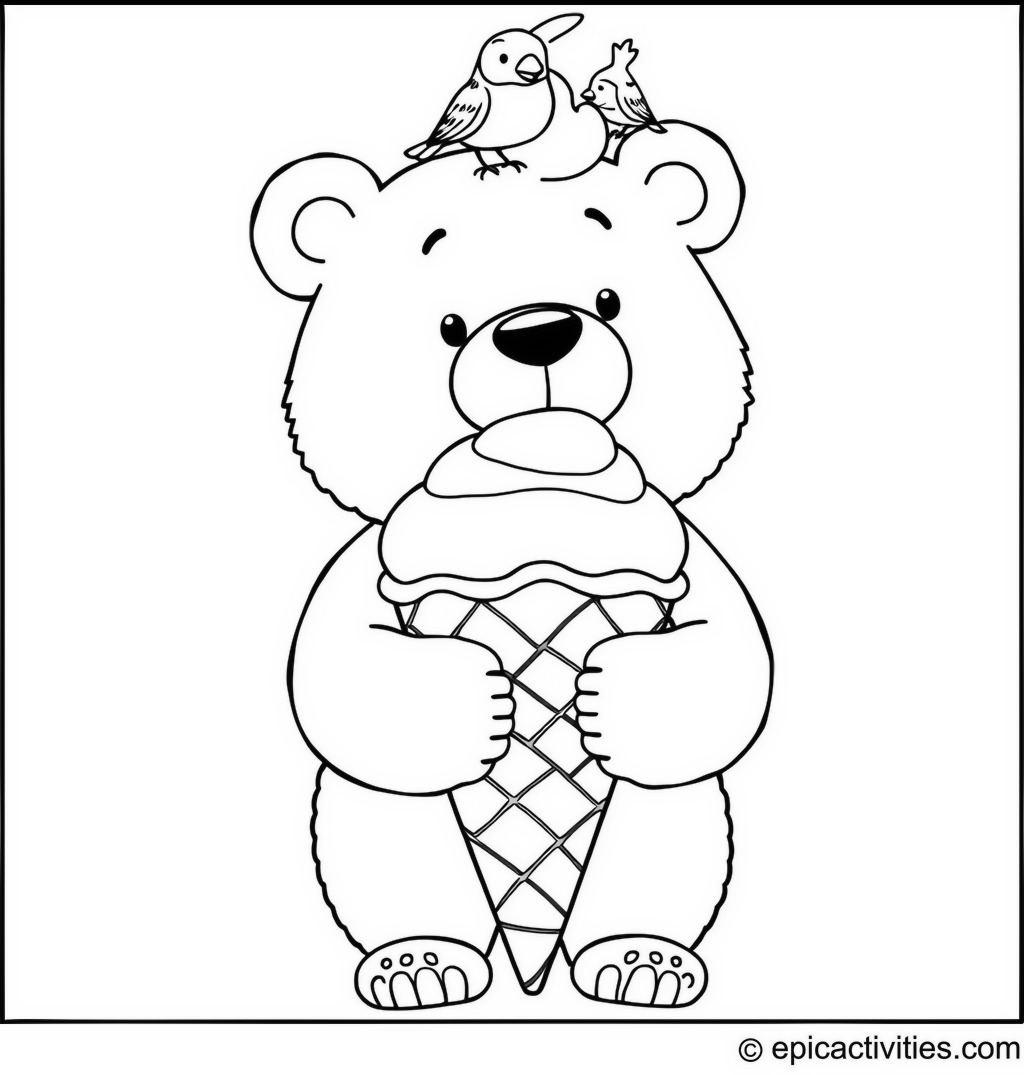 Coloring page of a Cute Bear with an Ice Cream Cone and Birds