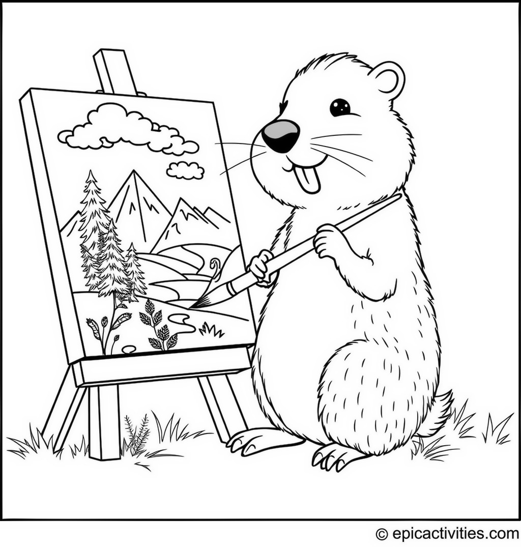 Coloring page of a Cute Beaver Artist Painting a Beautiful Landscape