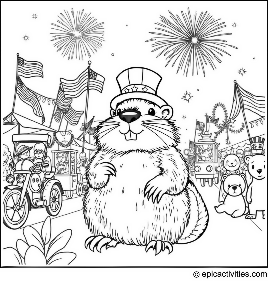 Coloring page of a cute beaver at a detailed Fourth of July parade