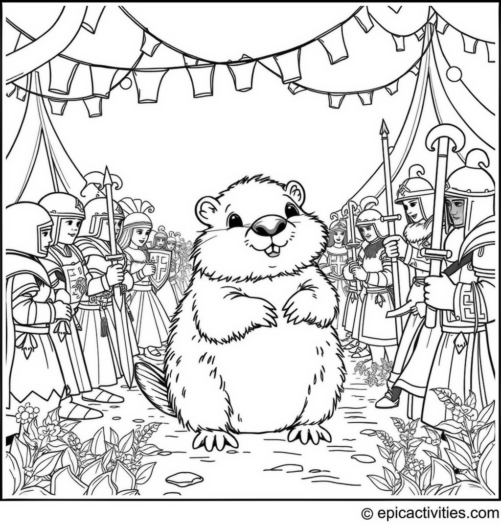Coloring page of a cute beaver at a detailed medieval fair with knights, princesses, and jesters