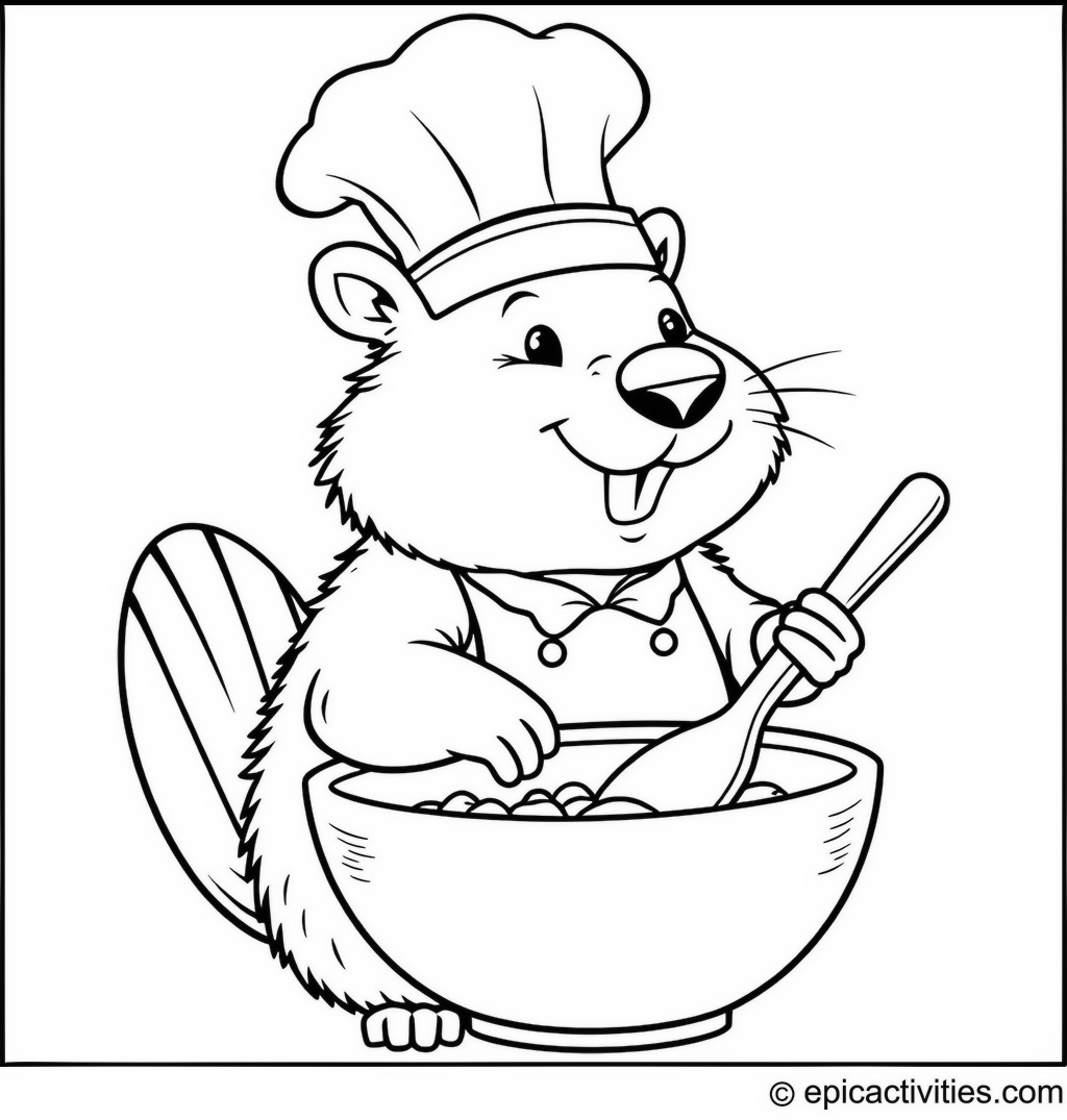 Coloring page of a Cute Beaver Chef Mixing Ingredients