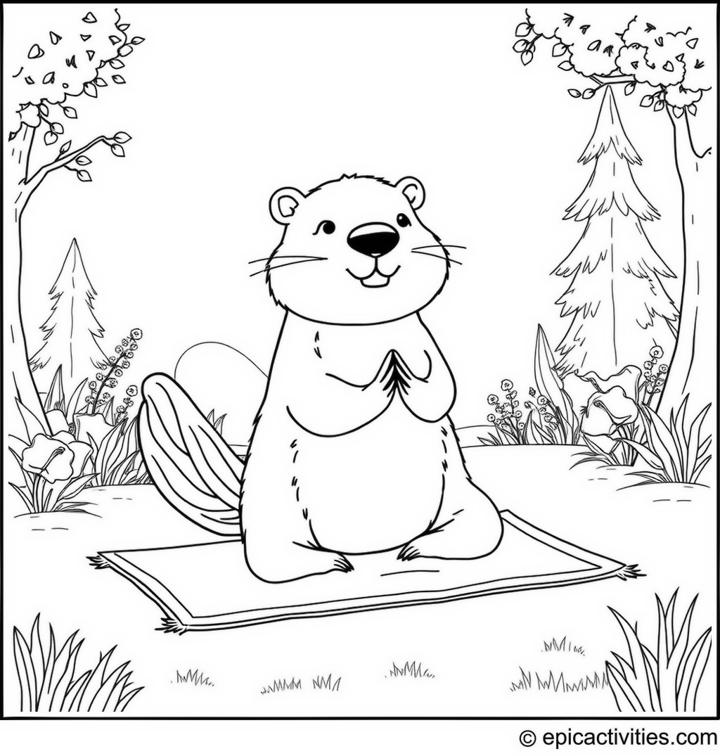 Coloring page of a cute beaver doing yoga poses in nature