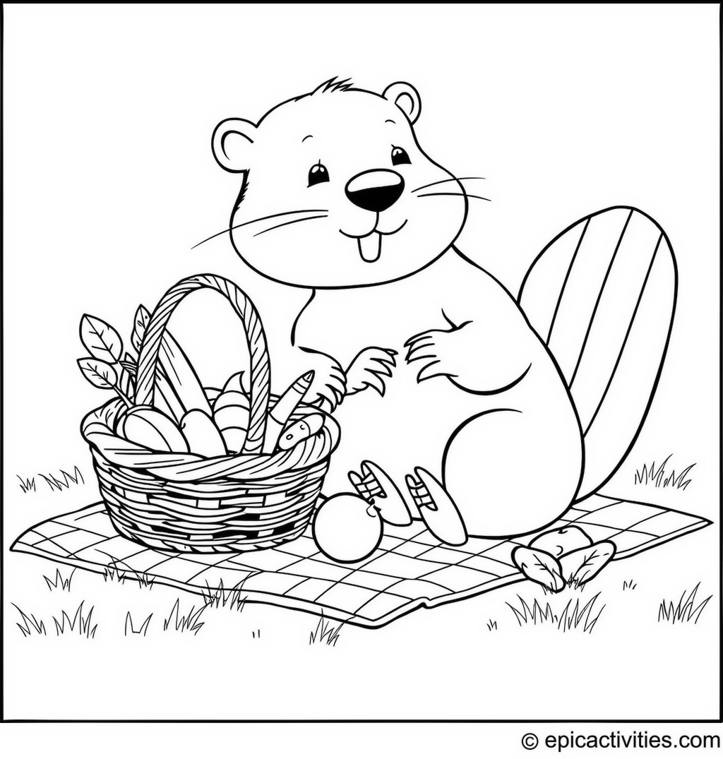 Coloring page of a Cute Beaver Enjoying a Picnic