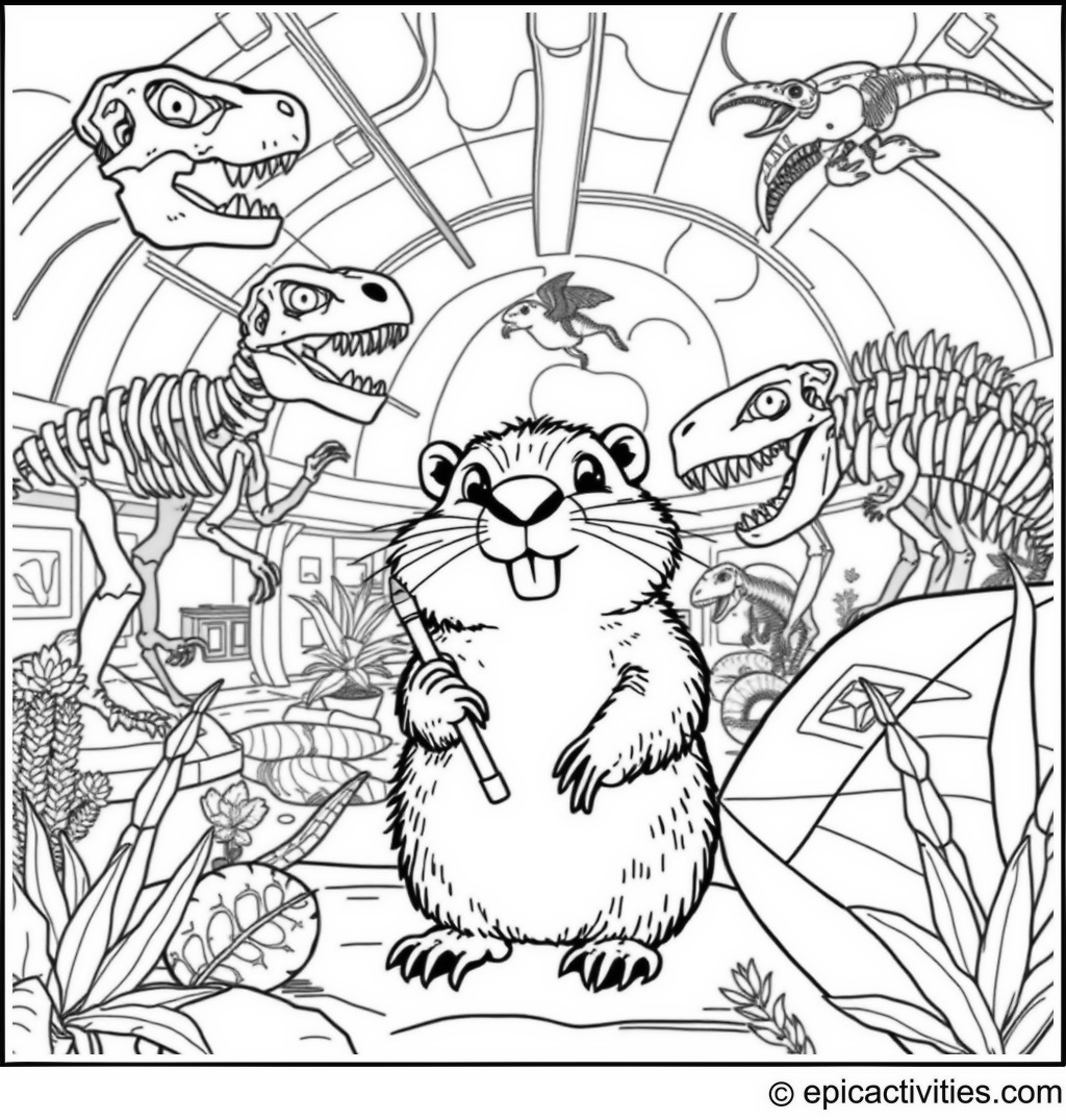 Coloring page of a Cute Beaver Exploring a Detailed Science Museum