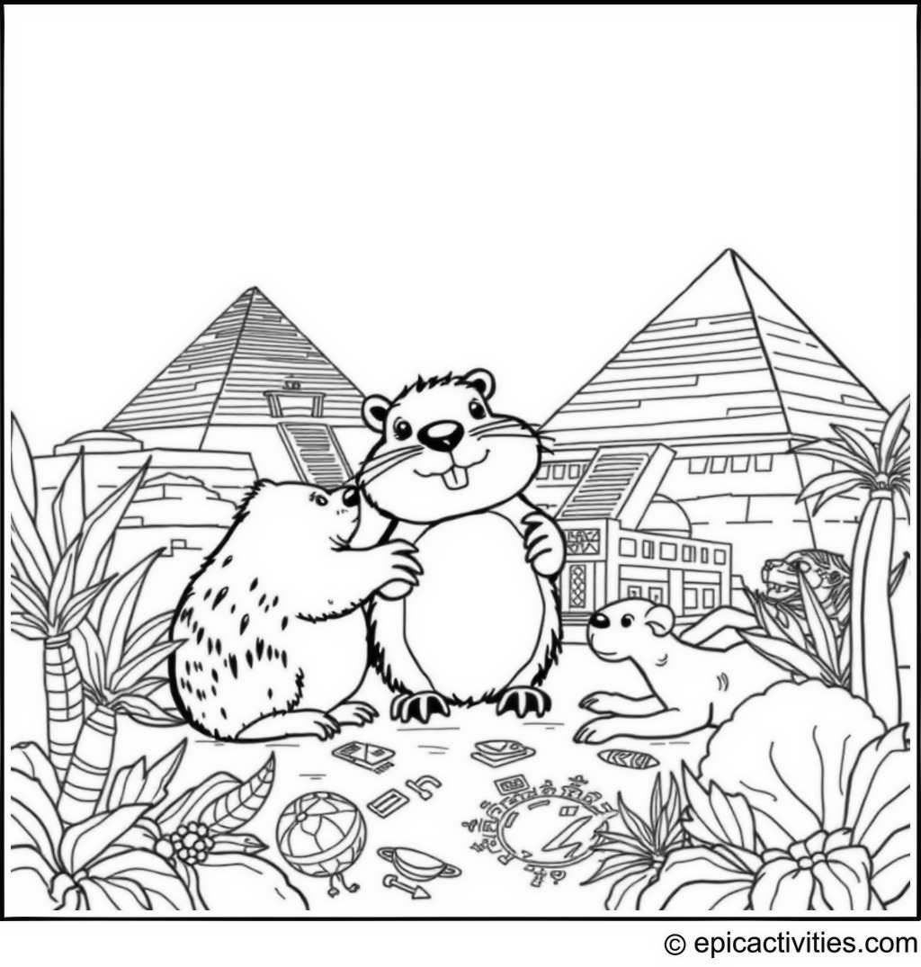 Coloring page of a cute beaver exploring an ancient Egyptian scene with pyramids, sphinx, and hieroglyphics