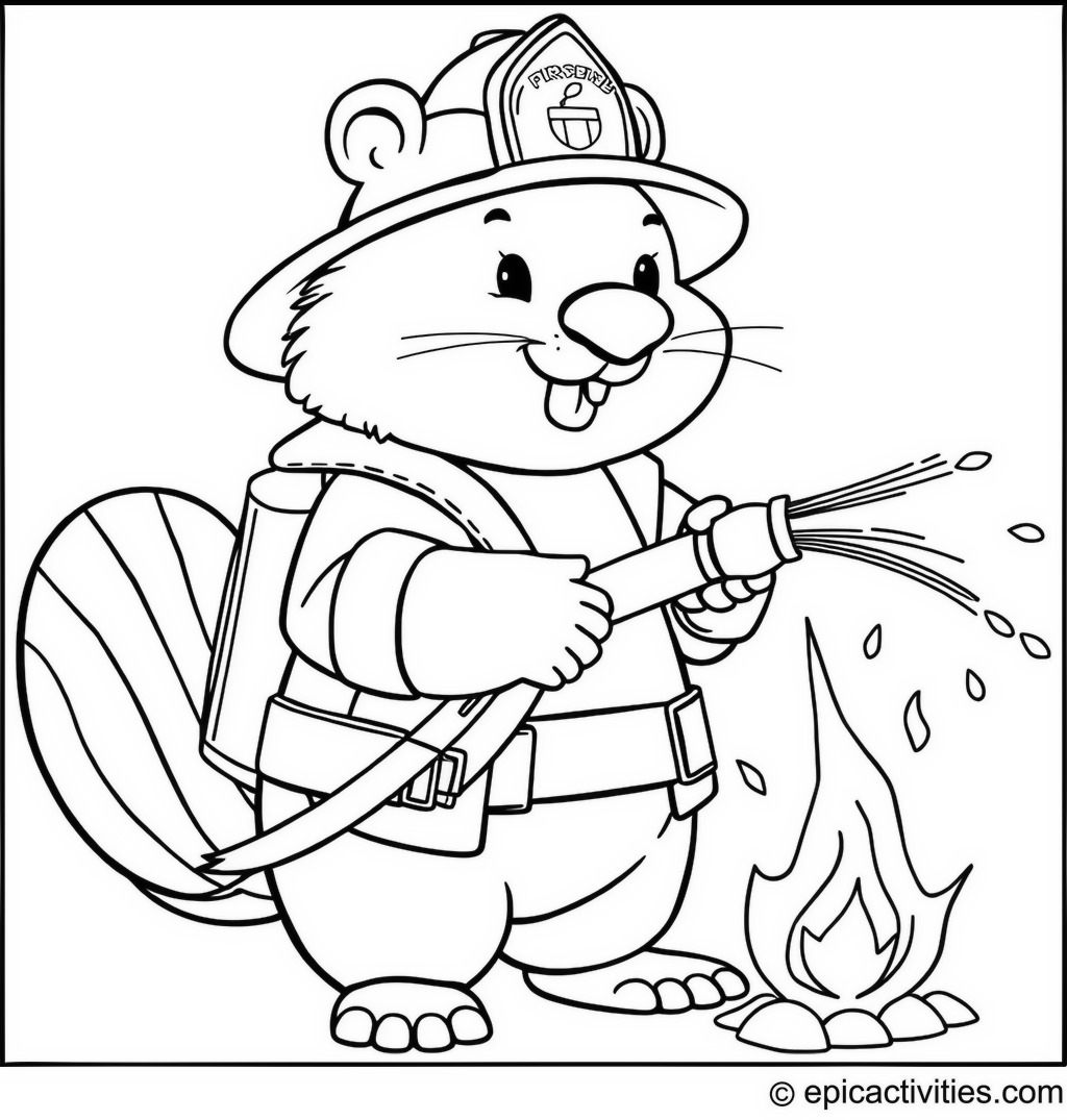 Coloring page of a Cute Beaver Firefighter Saving the Day