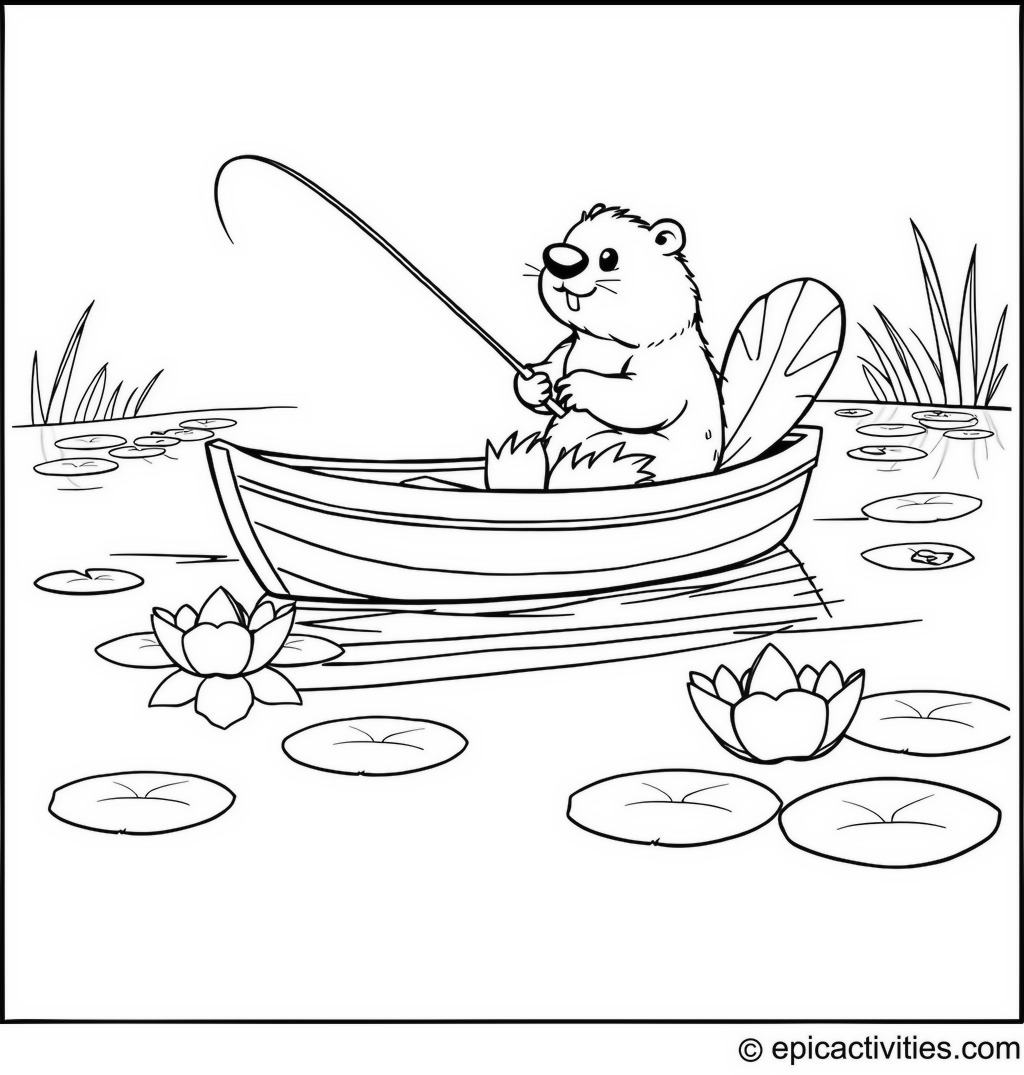 Coloring page of a Cute Beaver Fishing on a Lake with Lily Pads