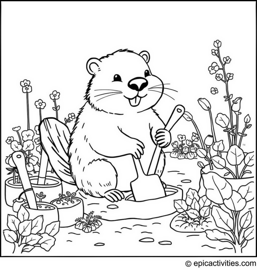 Coloring page of a cute beaver gardening