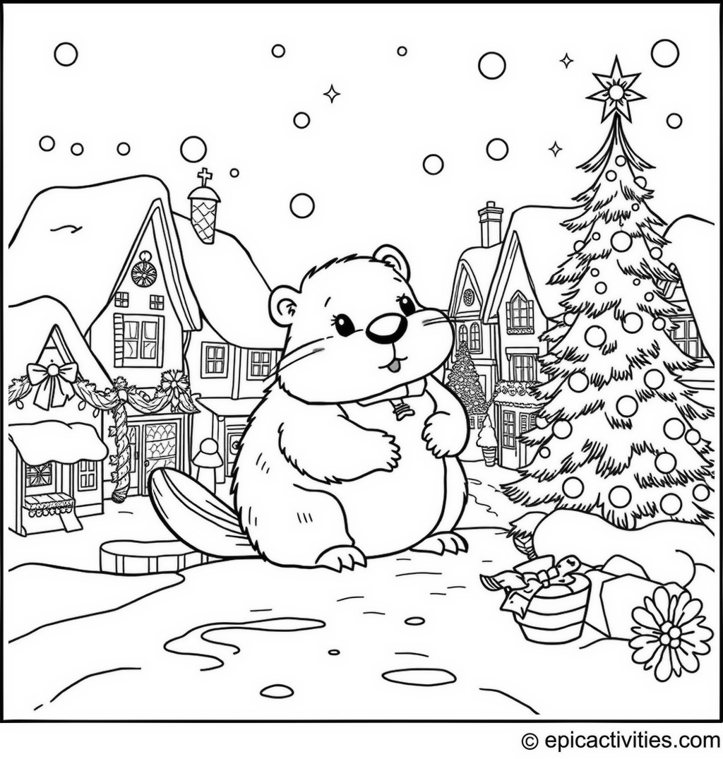 Coloring page of a cute beaver in a bustling Christmas village