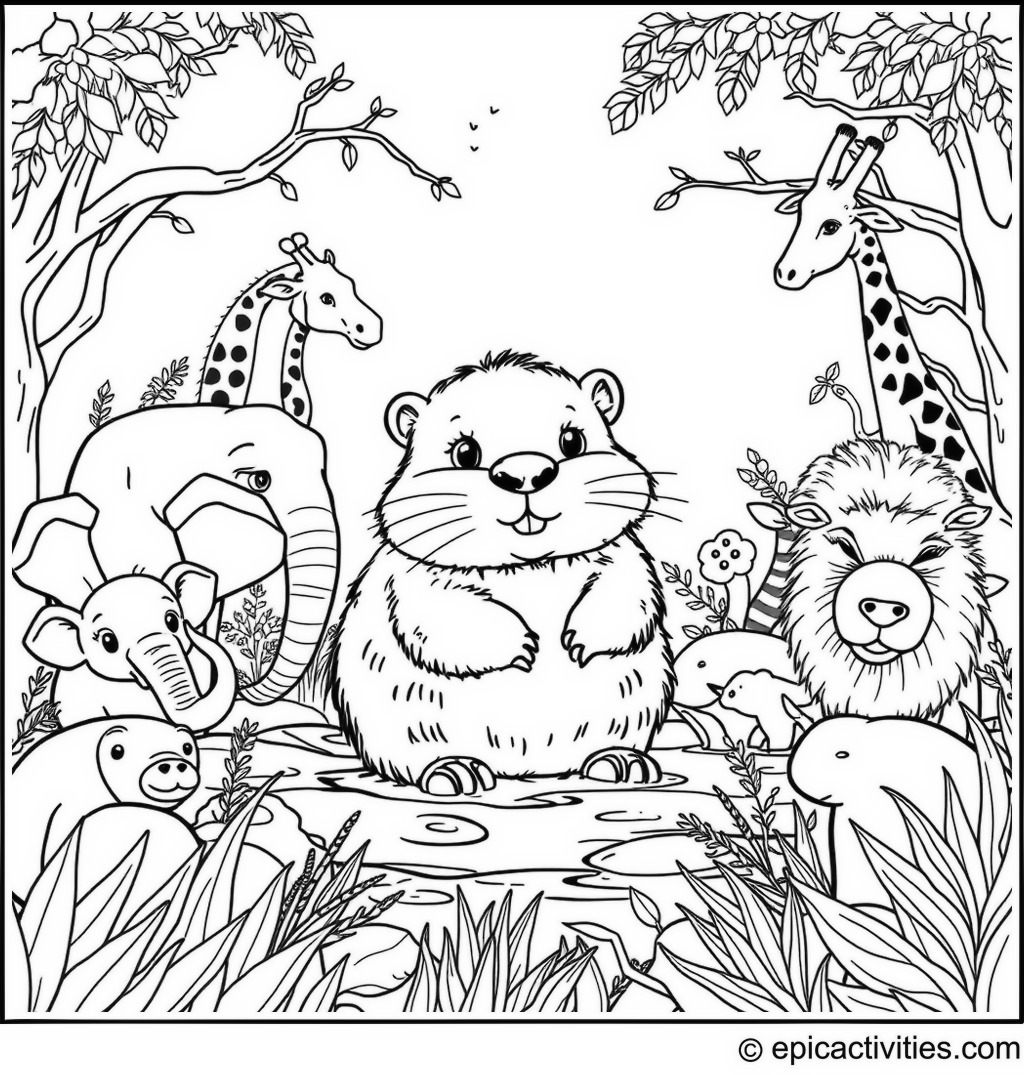 Coloring page of a Cute Beaver in a Detailed Zoo with Elephants, Giraffes, and Lions