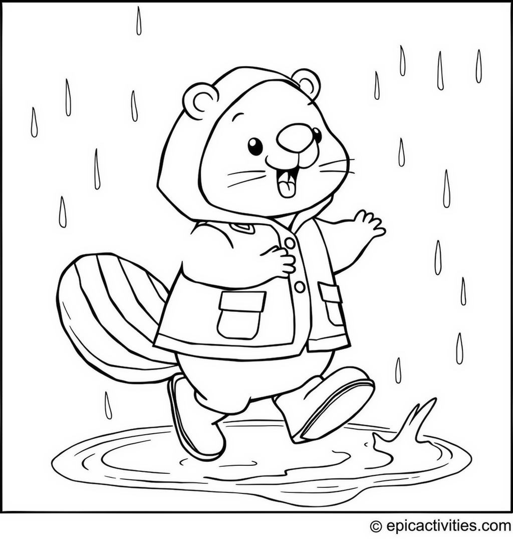 Coloring page of a Cute Beaver in a Raincoat and Boots Jumping in Puddles