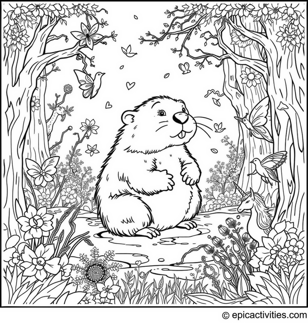 Coloring page of a Cute Beaver in an Enchanted Forest with Fairies and Unicorns
