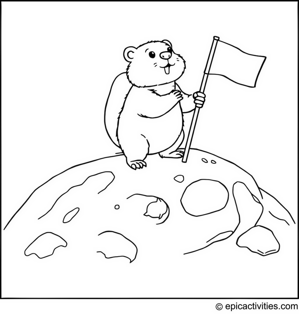 Coloring page of a cute beaver in outer space planting a flag on the moon