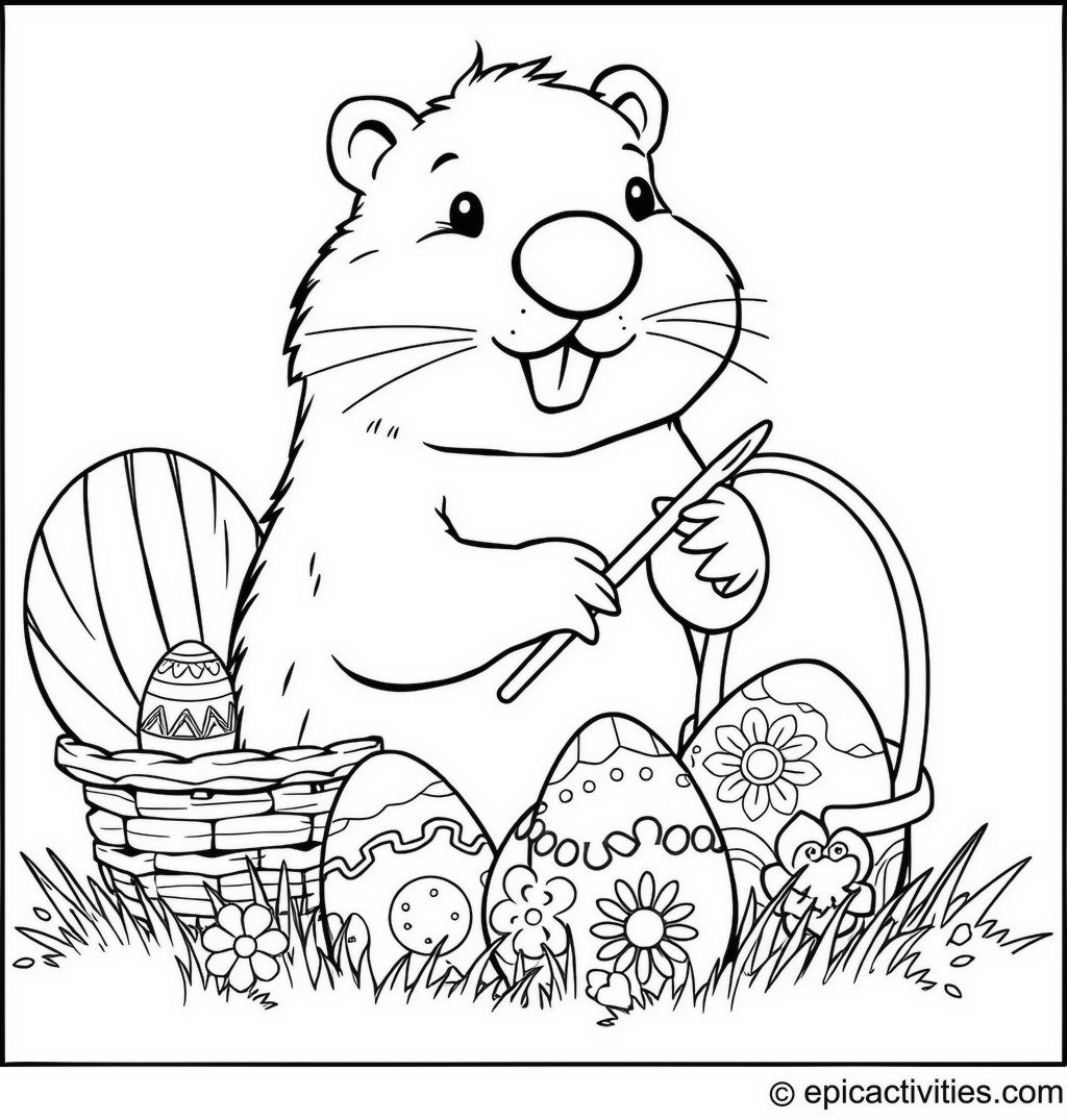 Coloring page of a cute beaver painting Easter eggs