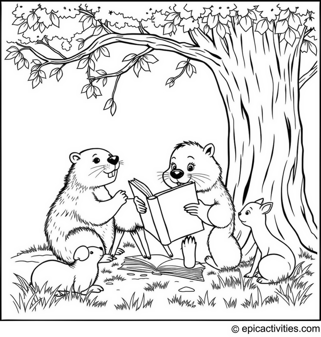 Coloring page of a Cute Beaver Reading a Giant Storybook Under a Tree