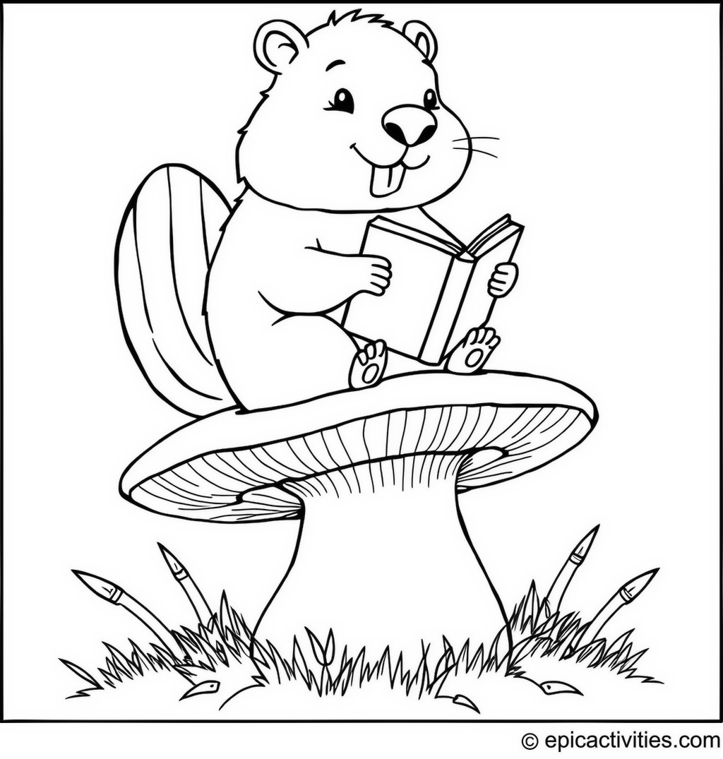 Coloring page of a Cute Beaver Reading on a Giant Mushroom