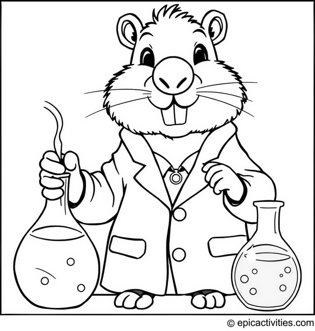 Coloring page of a cute beaver scientist mixing colorful potions