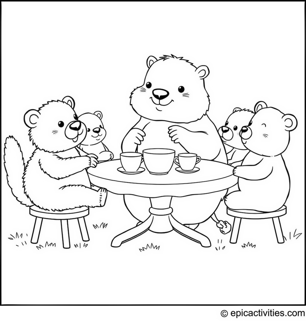 Coloring page of a Cute Beaver Tea Party with Stuffed Animals