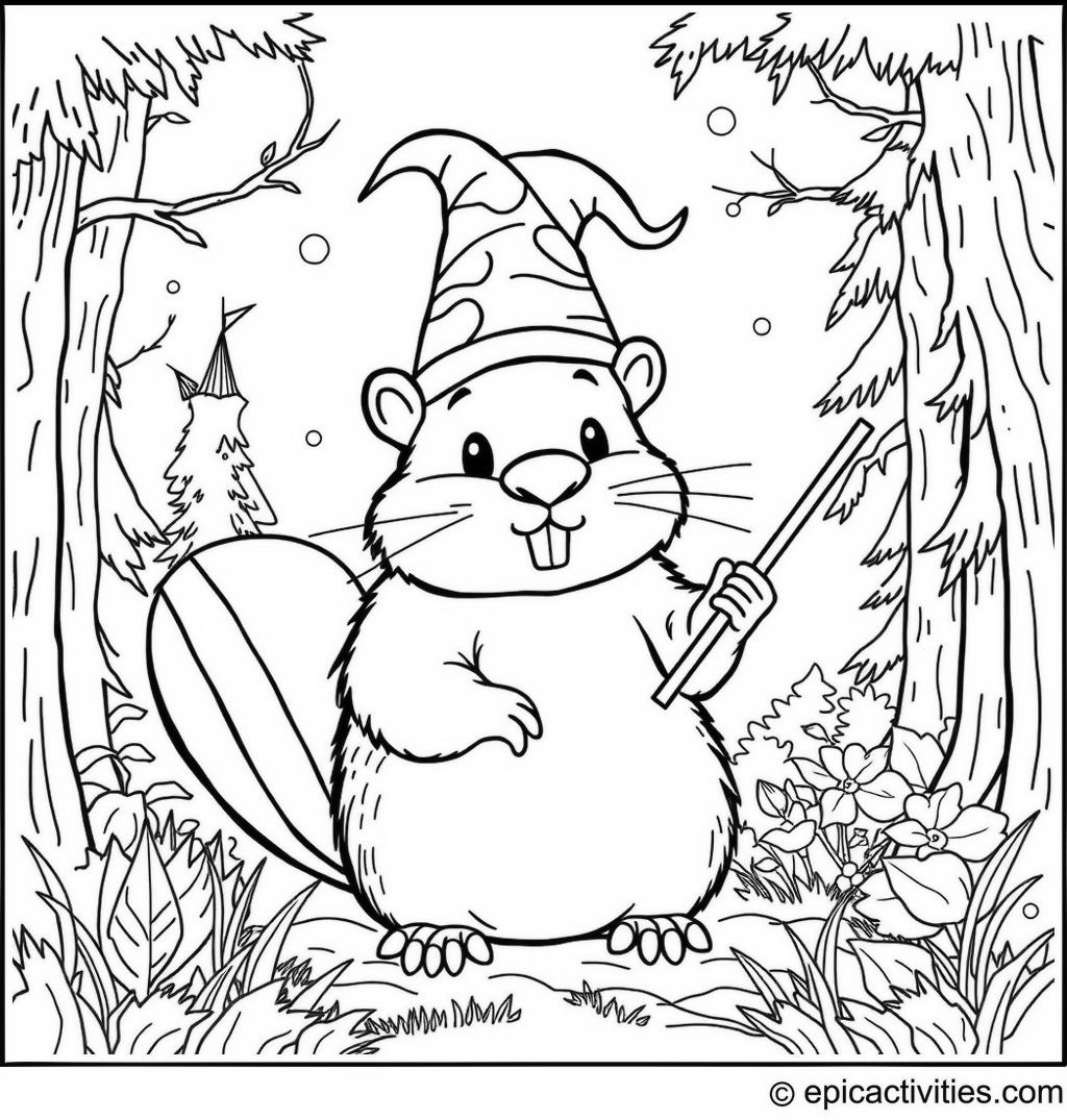 Coloring page of a Cute Beaver Wizard in an Enchanted Forest