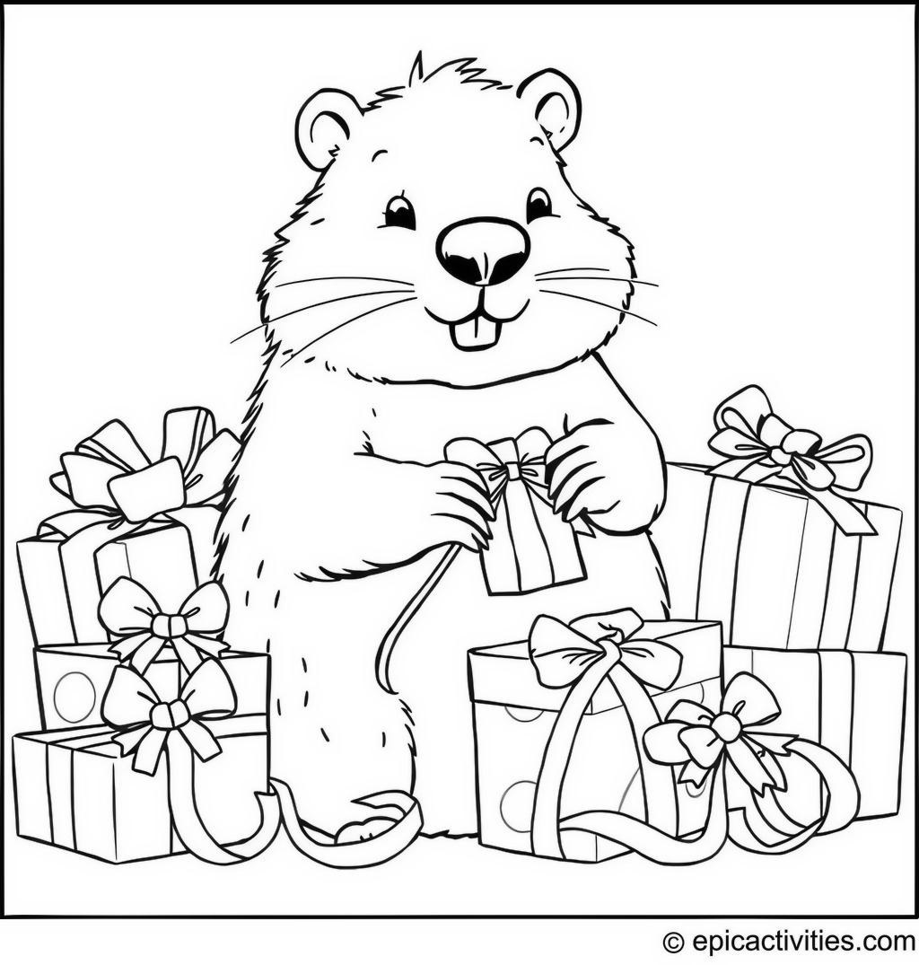 Coloring page of a cute beaver wrapping presents