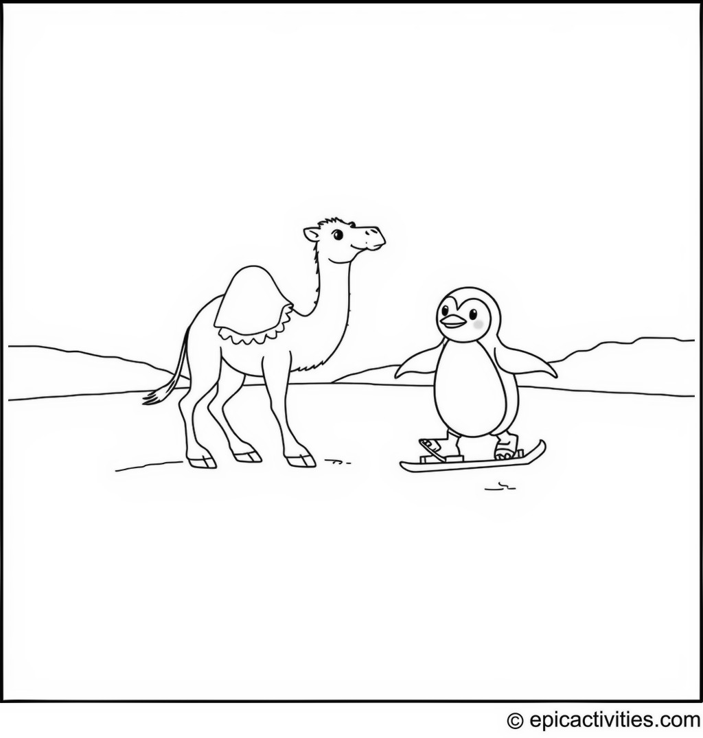Coloring page of a cute camel and a cartoon penguin ice-skating on a frozen oasis