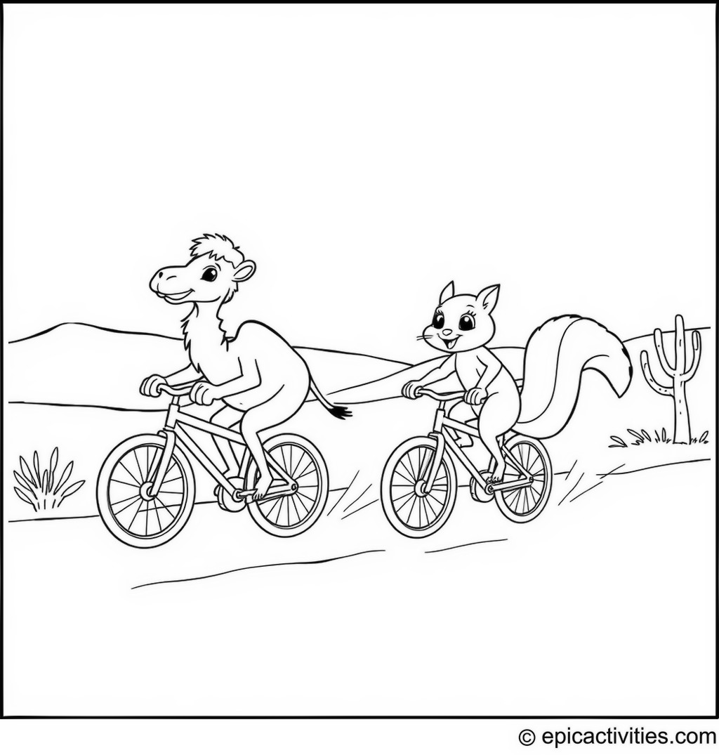 Coloring page of a Cute Camel and a Cartoon Squirrel Racing on Bicycles in the Desert Trail