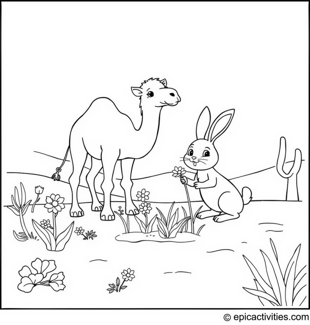 Coloring page of a Cute Camel and Cartoon Rabbit Planting Flowers in the Desert