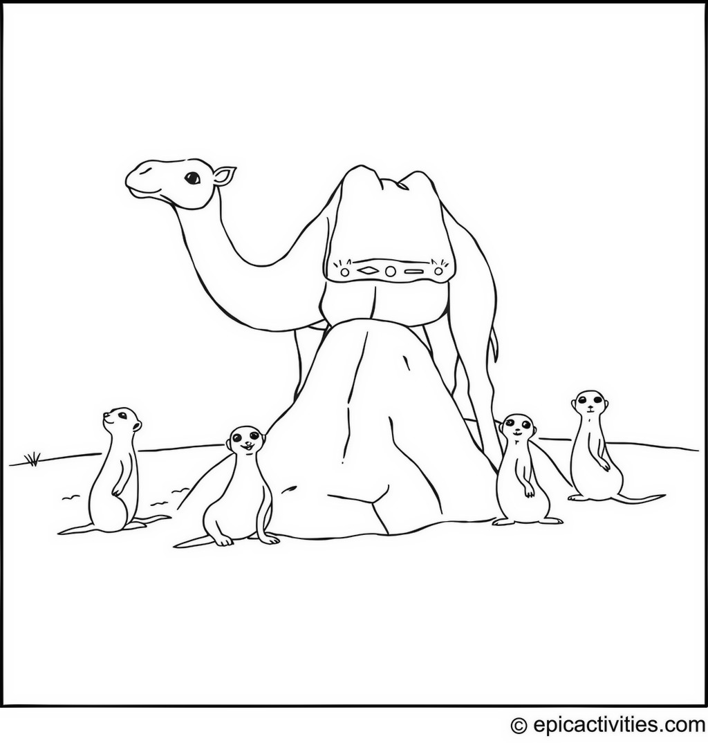 Coloring page of a Cute Camel and Meerkats Building Sand Sculptures