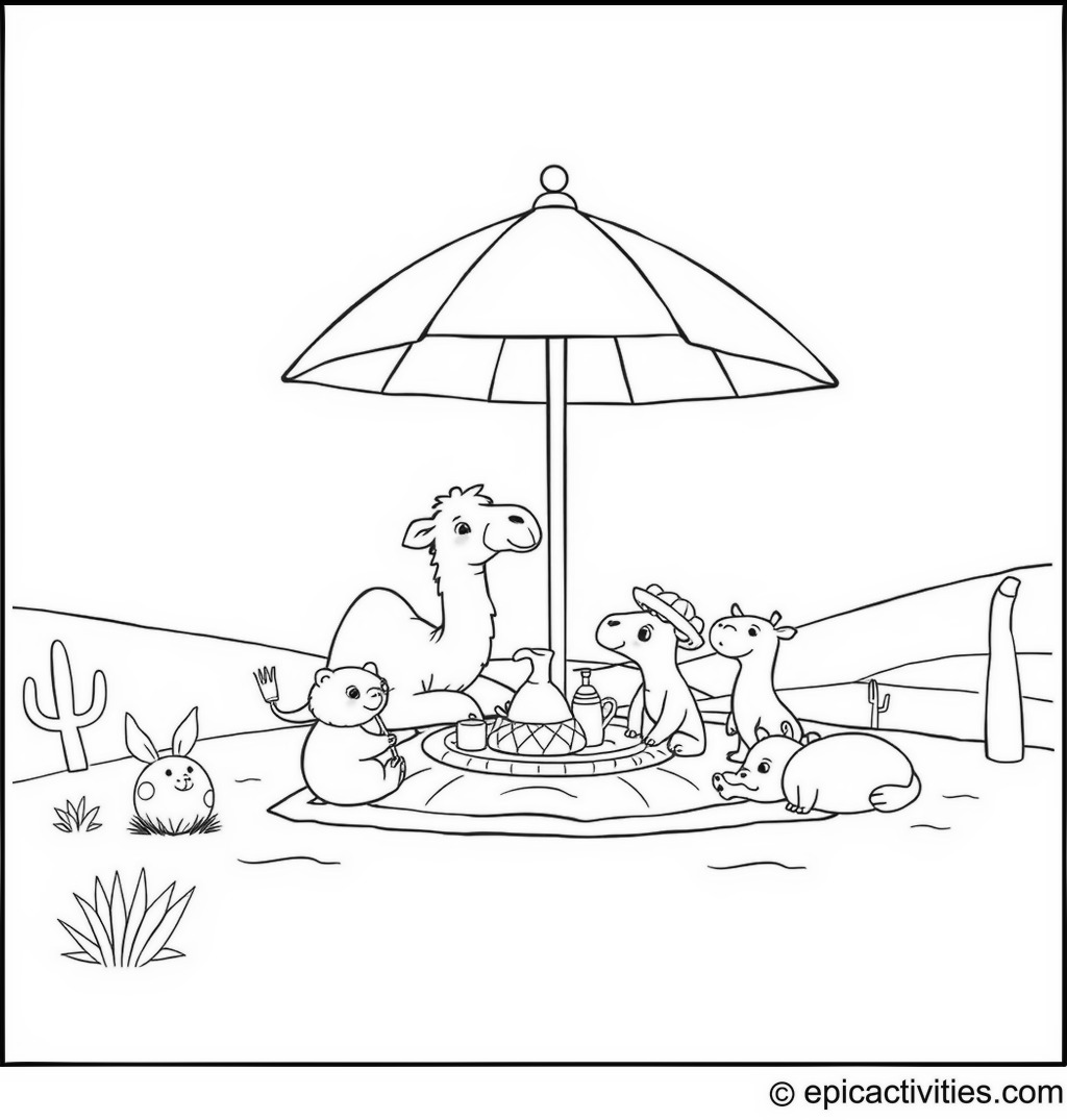 Coloring page of a cute camel and other animals having a picnic under a big umbrella in the desert