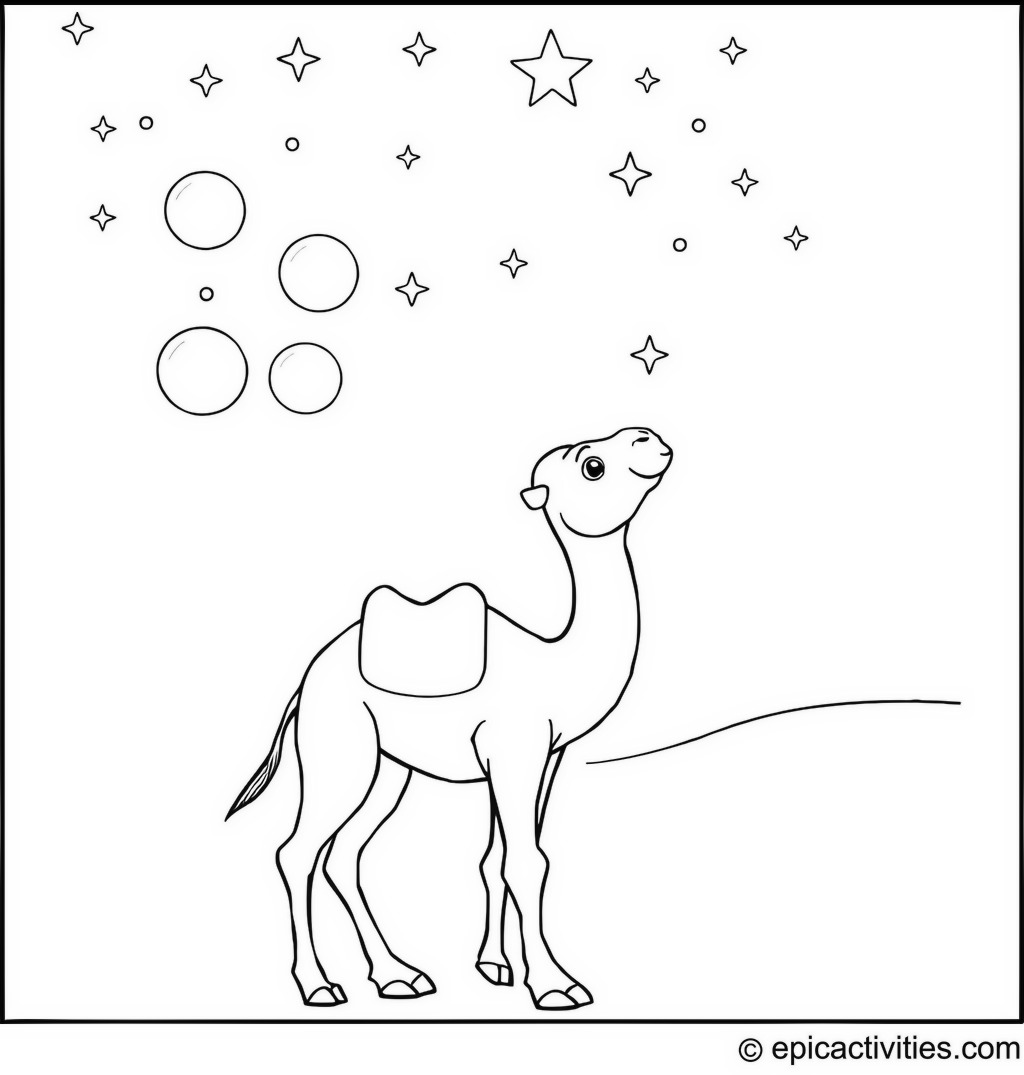 Coloring page of a cute camel blowing bubbles in the starry desert sky