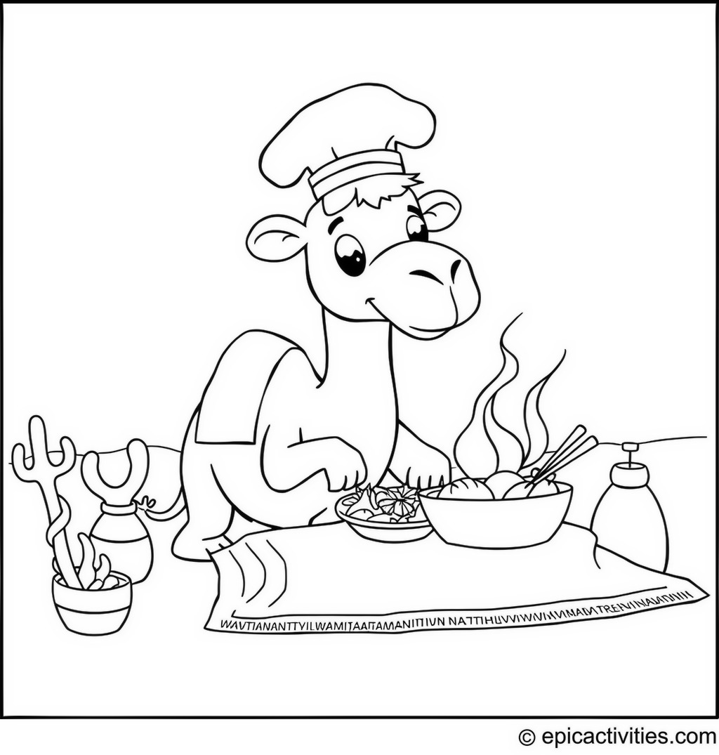 Coloring page of a Cute Camel Chef Cooking at a Desert Picnic