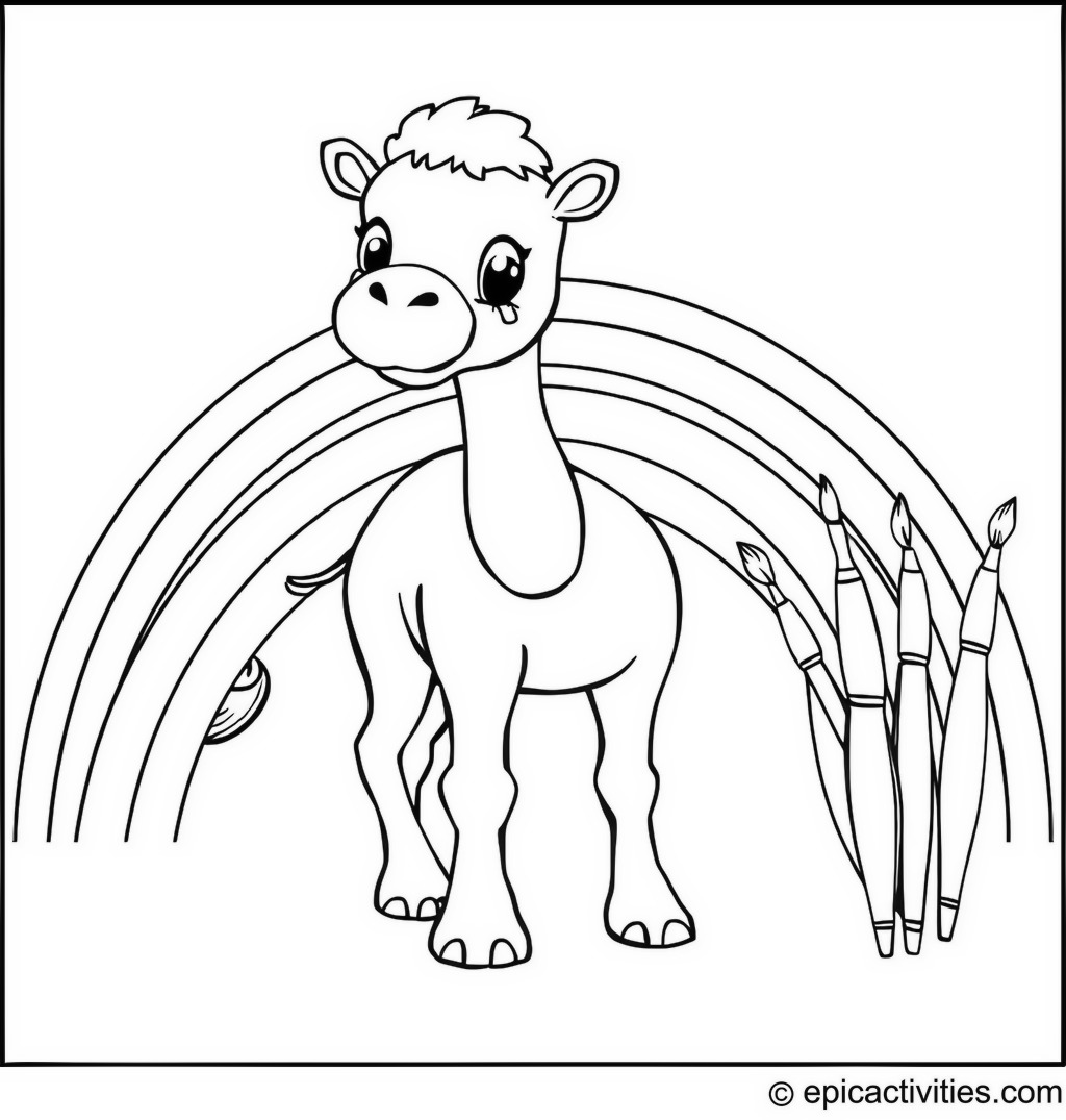 Coloring page of a cute camel creating a rainbow with paint brushes