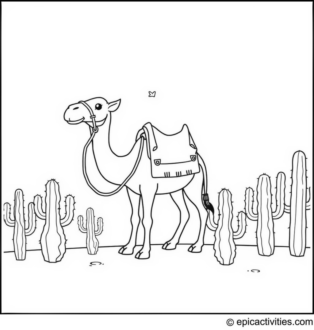 Coloring page of a cute camel dressed as a cowpoke rounding up cartoon cacti