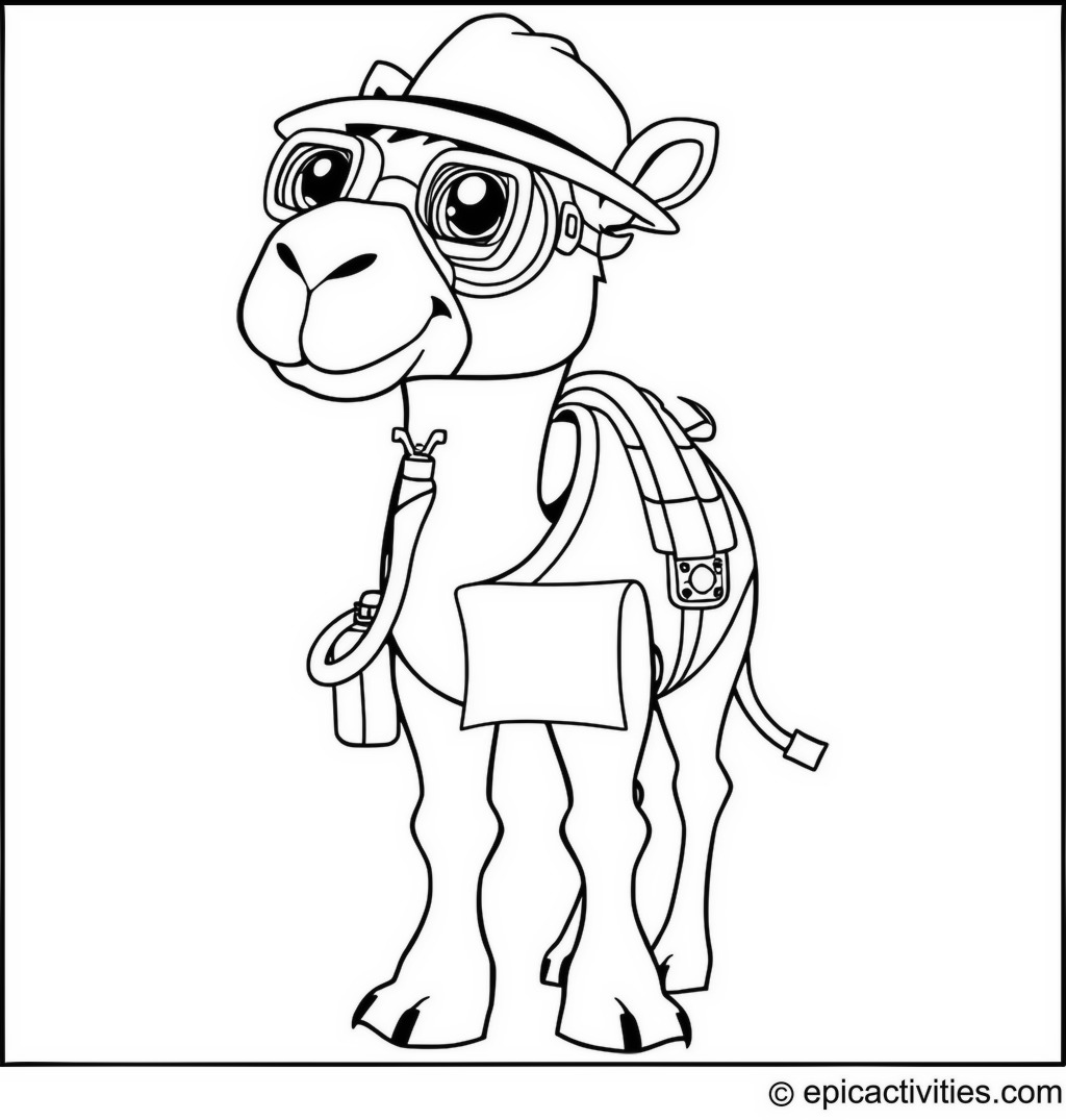 Coloring page of a cute camel explorer with binoculars and a map