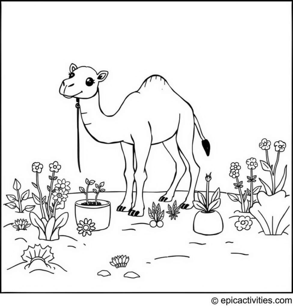 Coloring page of a Cute Camel Gardening in a Sandy Garden