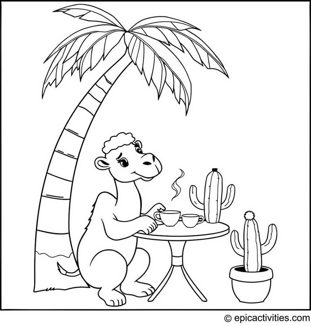 Coloring page of a cute camel having tea with a cartoon cactus under a palm tree