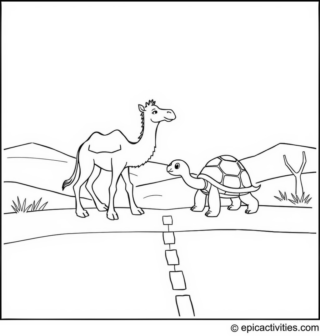 Coloring page of a cute camel helping a cartoon turtle cross a desert road