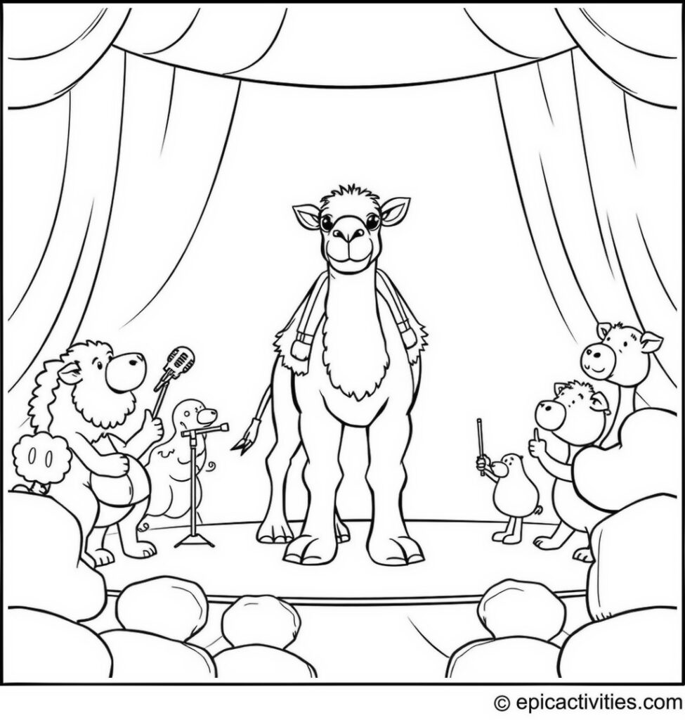 Coloring page of a Cute Camel Hosting a Talent Show