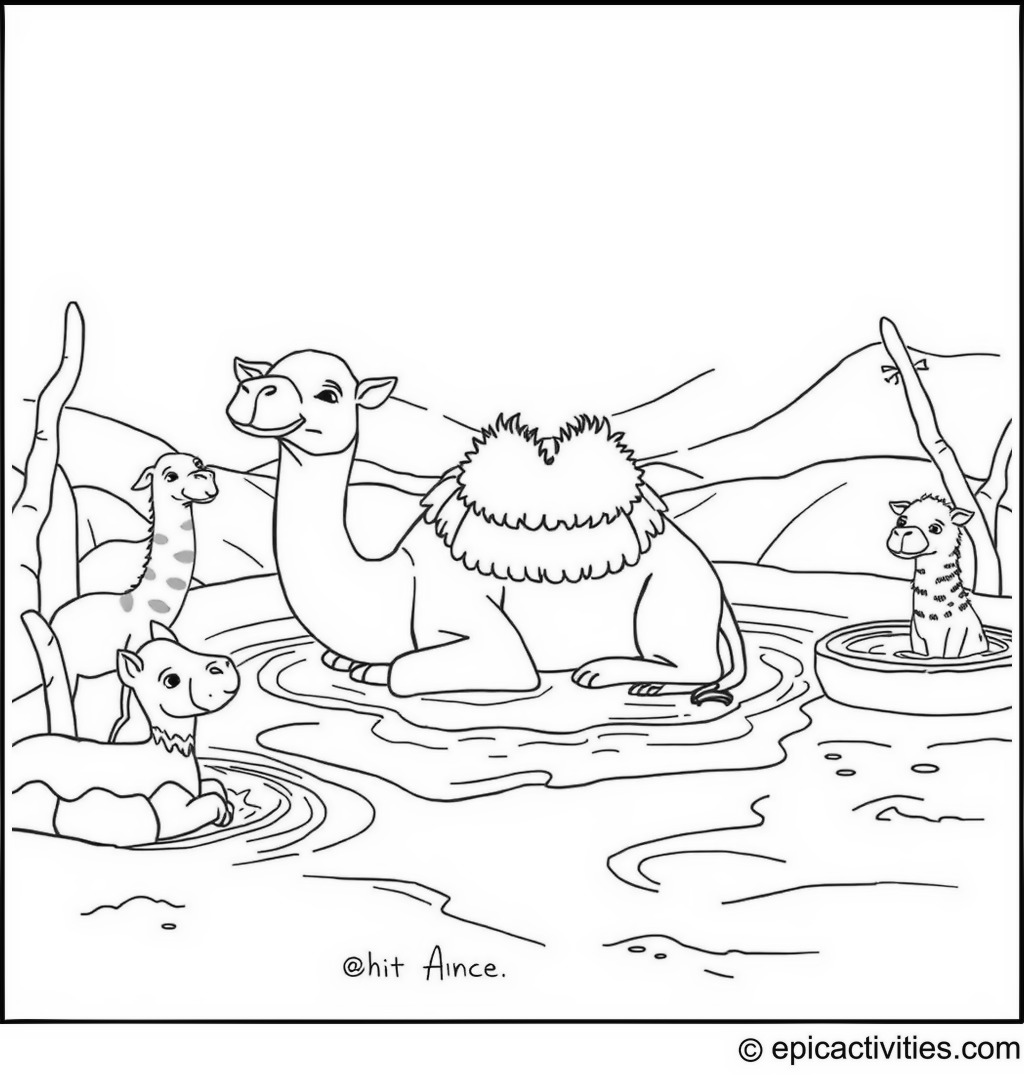 Coloring page of a cute camel in a luxurious desert spa with animals enjoying mud baths