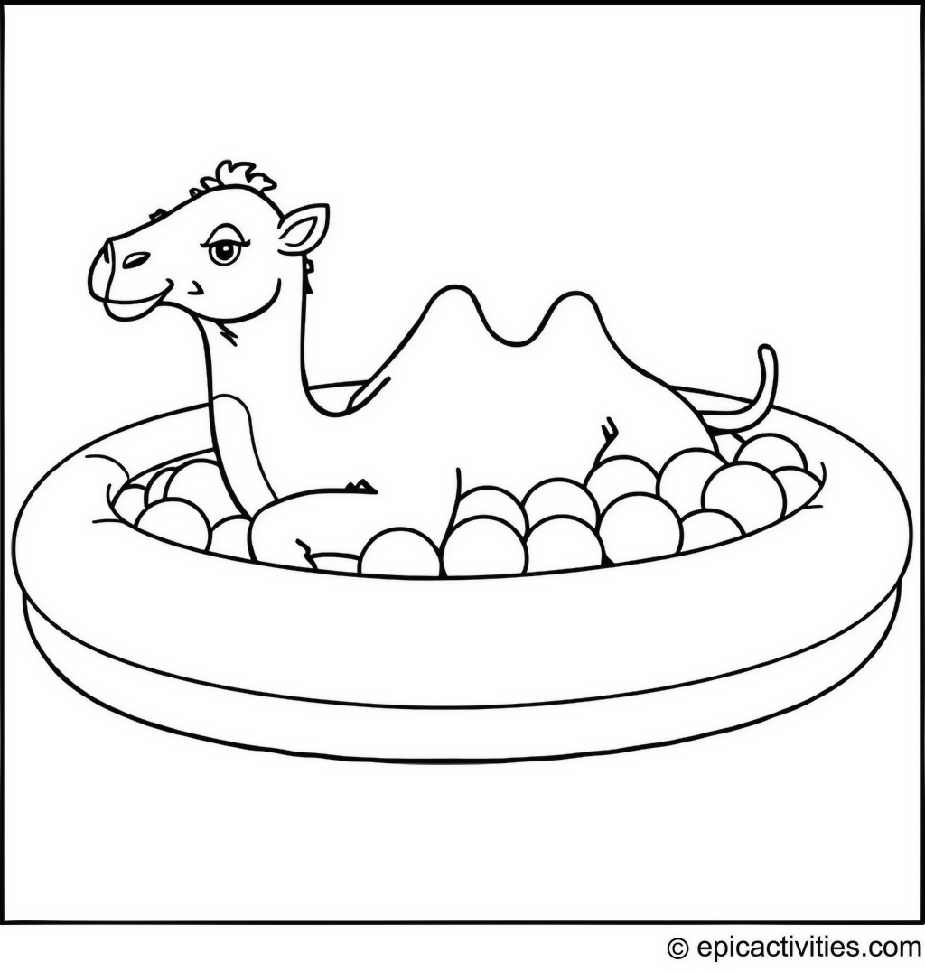 Coloring page of a cute camel in an inflatable pool with colorful balls
