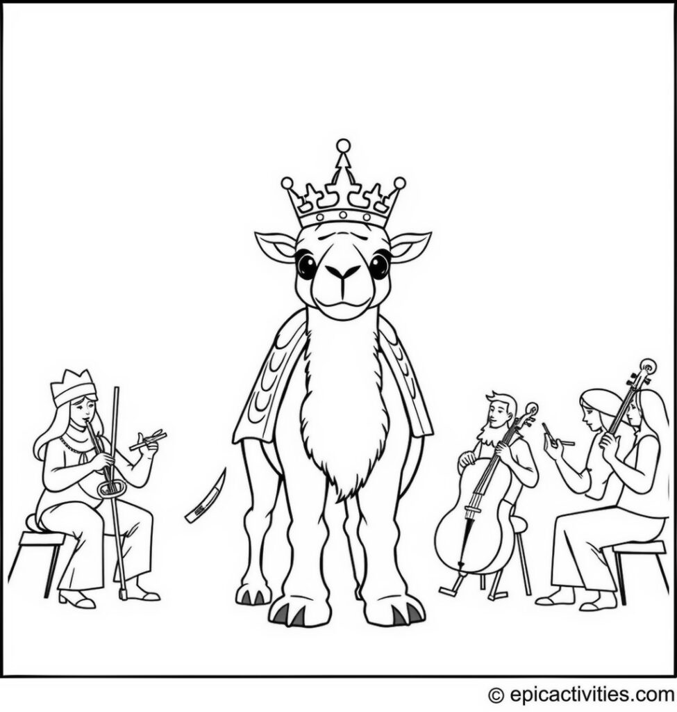 Coloring page of a cute camel king with a crown conducting a desert orchestra