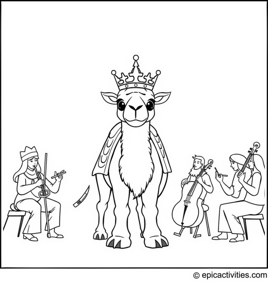 Coloring page of a cute camel king with a crown conducting a desert orchestra