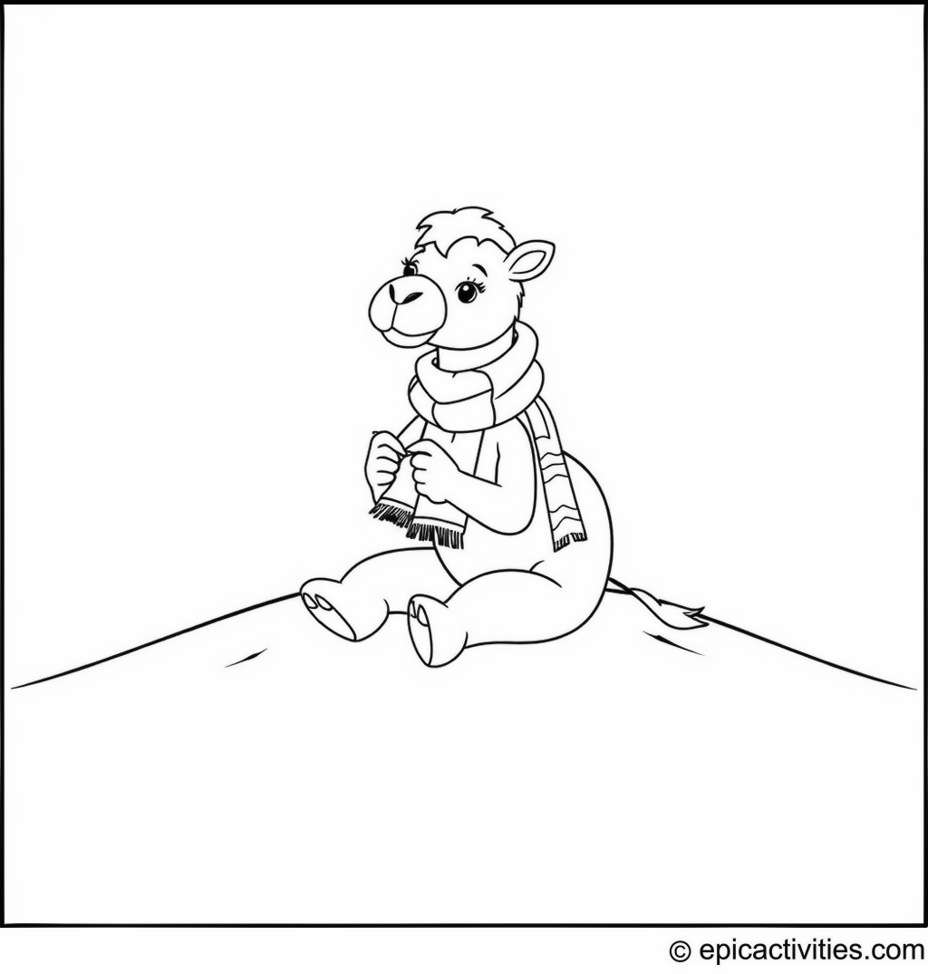 Coloring page of a cute camel knitting a colorful scarf on a sand dune