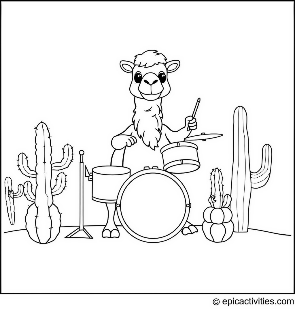 Coloring page of a cute camel playing drums with cacti as band members