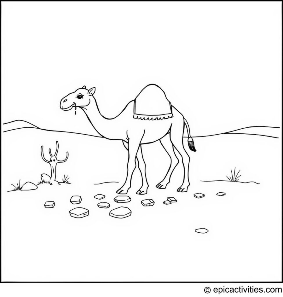 Coloring page of a Cute Camel Playing Hopscotch with Friends in the Desert